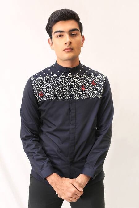 Kaha_Black Cotton Embroidered Shirt_Online_at_Aza_Fashions