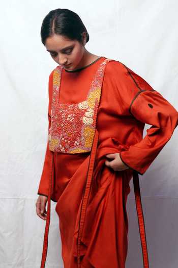 Til_Orange Cotton Satin Floral Square Neck Pampas Embroidered Gilet_Online_at_Aza_Fashions
