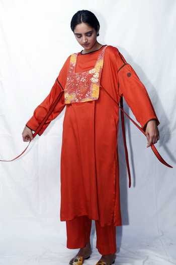 Buy_Til_Orange Cotton Satin Floral Square Neck Pampas Embroidered Gilet_Online_at_Aza_Fashions
