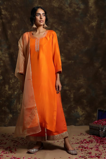 Kanika Sharma_Orange Silk, Organza, Crepe Round Kurta Palazzo Set_Online_at_Aza_Fashions