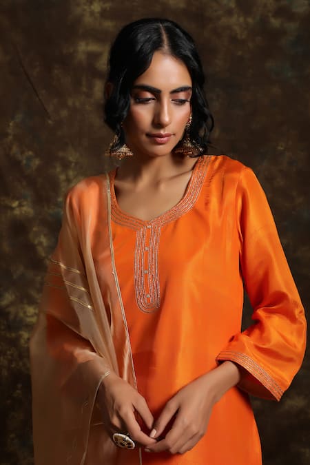 Buy_Kanika Sharma_Orange Silk, Organza, Crepe Round Kurta Palazzo Set_Online_at_Aza_Fashions