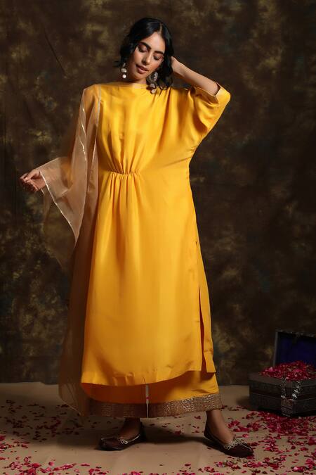 Kanika Sharma_Yellow Silk, Crepe, Organza Embroidery, Gota Patti Kurta Palazzo Set_Online_at_Aza_Fashions