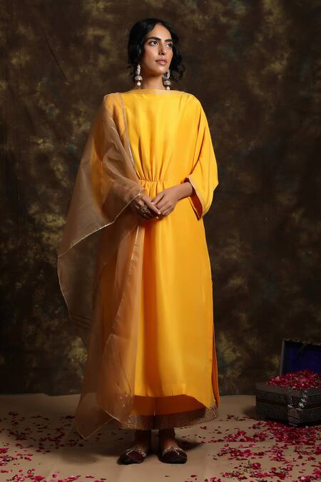 Buy_Kanika Sharma_Yellow Silk, Crepe, Organza Embroidery, Gota Patti Kurta Palazzo Set_Online_at_Aza_Fashions