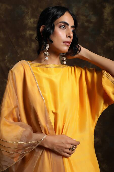 Shop_Kanika Sharma_Yellow Silk, Crepe, Organza Embroidery, Gota Patti Kurta Palazzo Set_Online_at_Aza_Fashions