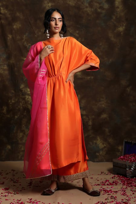 Kanika Sharma_Orange Silk, Organza, Crepe Bateau Kurta Palazzo Set _Online_at_Aza_Fashions