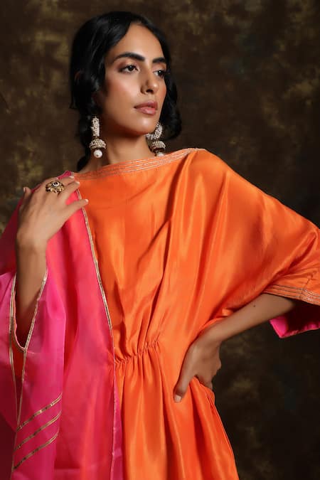 Buy_Kanika Sharma_Orange Silk, Organza, Crepe Bateau Kurta Palazzo Set _Online_at_Aza_Fashions