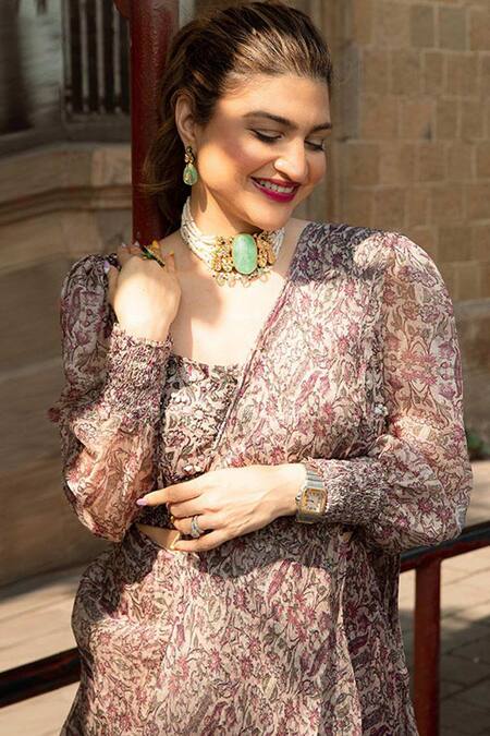 Shop_Ridhima Bhasin_Purple Organza V Neck Printed Pre-draped Saree With Blouse  _Online_at_Aza_Fashions