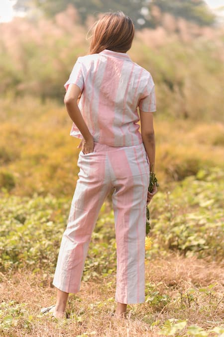 Shop Vaani Beswal Pink Handwoven Zari Cotton Stripes Camp Collar Khwab Shirt at Aza Fashions Shop_Vaani Beswal_Pink Handwoven Zari Cotton Stripes Camp Collar Khwab Shirt _at_Aza_Fashions