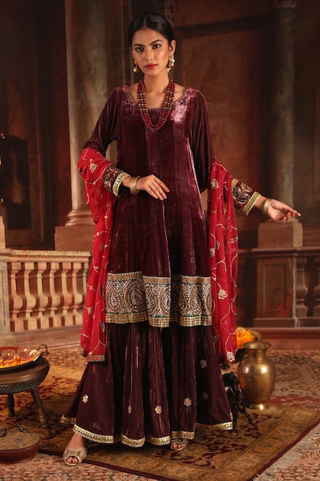 Ruh Clothing_Maroon Kurta And Gharara Velvet Dupatta Georgette Set _Online_at_Aza_Fashions
