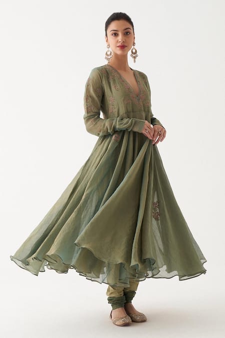 Rhua_Green Churidar Cotton Silk, Kurtaand Dupatta Kiara Embroidered Anarkali Set _Online_at_Aza_Fashions