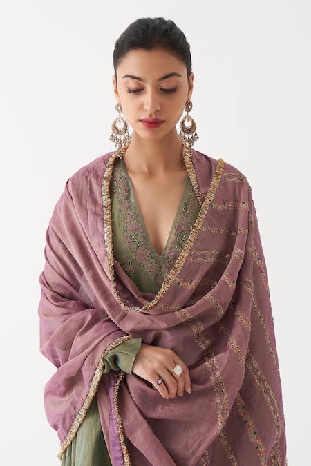 Buy_Rhua_Green Churidar Cotton Silk, Kurtaand Dupatta Kiara Embroidered Anarkali Set _Online_at_Aza_Fashions