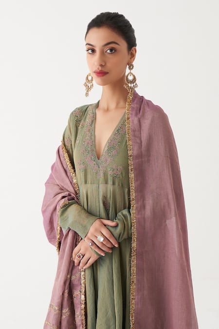 Shop_Rhua_Green Churidar Cotton Silk, Kurtaand Dupatta Kiara Embroidered Anarkali Set _Online_at_Aza_Fashions
