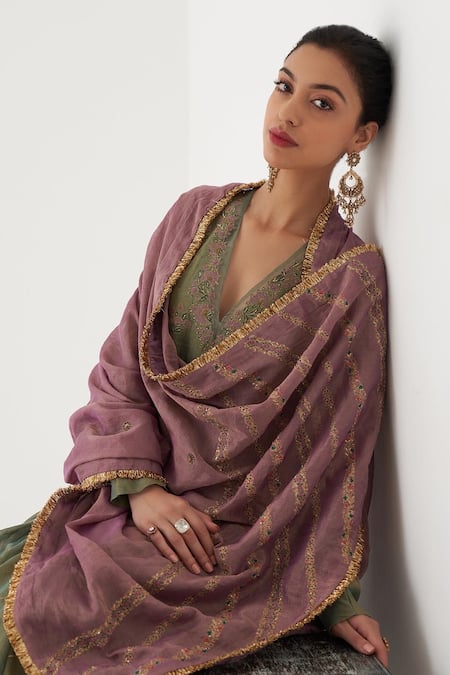 Rhua_Green Churidar Cotton Silk, Kurtaand Dupatta Kiara Embroidered Anarkali Set _at_Aza_Fashions