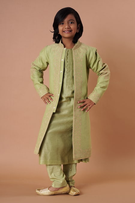 Rar studio - Kids Green Chanderi Handloom( 50% Silk Embroidery Dori Sherwani Set  