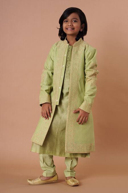 Rar Studio - Kids Green Chanderi, Cotton Embroidery Sherwani Set Online at Aza Fashions Rar Studio - Kids_Green Chanderi, Cotton Embroidery Sherwani Set_Online_at_Aza_Fashions