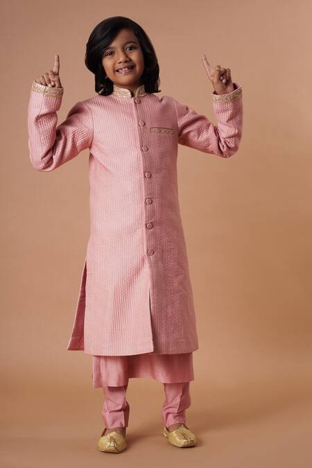 Rar Studio - Kids Pink Silk, Cotton, Embroidery Sherwani Set Online at Aza Fashions Rar Studio - Kids_Pink Silk, Cotton, Embroidery Sherwani Set_Online_at_Aza_Fashions