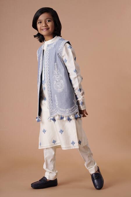 Shop_Rar Studio - Kids_Blue Chanderi Tassels, Embroidery Jacket Kurta Set_Online_at_Aza_Fashions