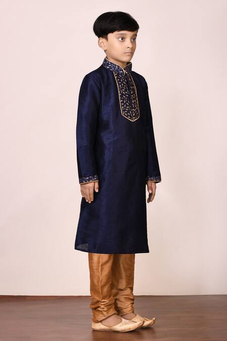 Petite Pomme_Blue Silk, Denim Embroidery Kurta Set_Online_at_Aza_Fashions