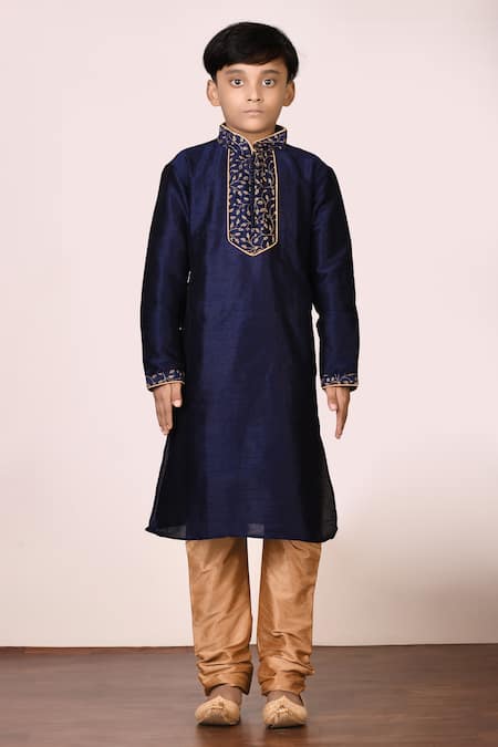 Buy_Petite Pomme_Blue Silk, Denim Embroidery Kurta Set_Online_at_Aza_Fashions
