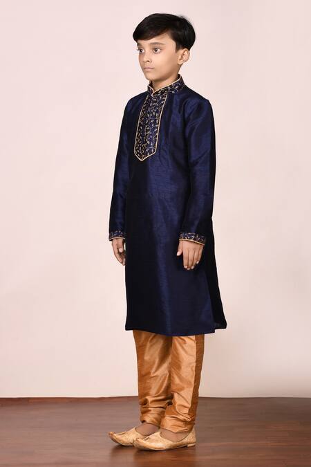 Shop_Petite Pomme_Blue Silk, Denim Embroidery Kurta Set_Online_at_Aza_Fashions