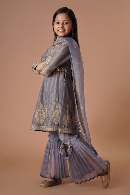 Buy_Rar Studio - Kids_Grey Chanderi, Cotton Embroidery Kurta Sharara Set_Online_at_Aza_Fashions