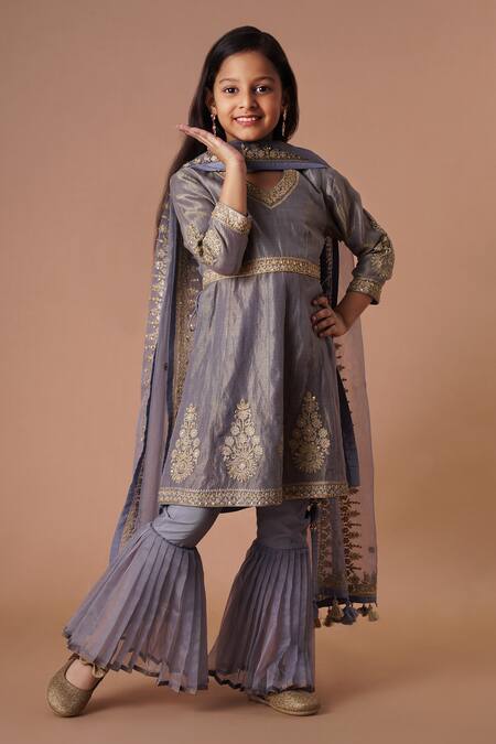 Shop_Rar Studio - Kids_Grey Chanderi, Cotton Embroidery Kurta Sharara Set_Online_at_Aza_Fashions