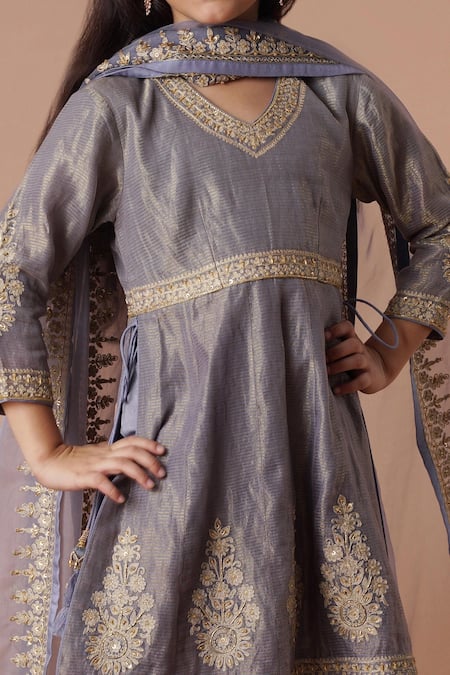 Rar Studio - Kids_Grey Chanderi, Cotton Embroidery Kurta Sharara Set_at_Aza_Fashions