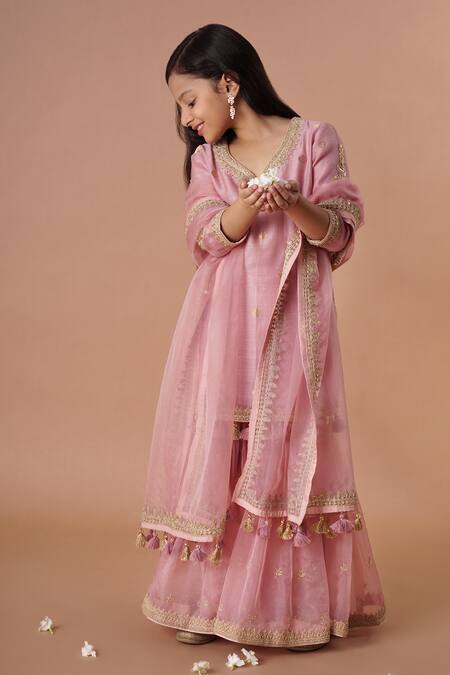 Rar Studio - Kids_Pink Chanderi, Cotton, Organza Tassels, Embroidery Kurta Sharara Set_Online_at_Aza_Fashions