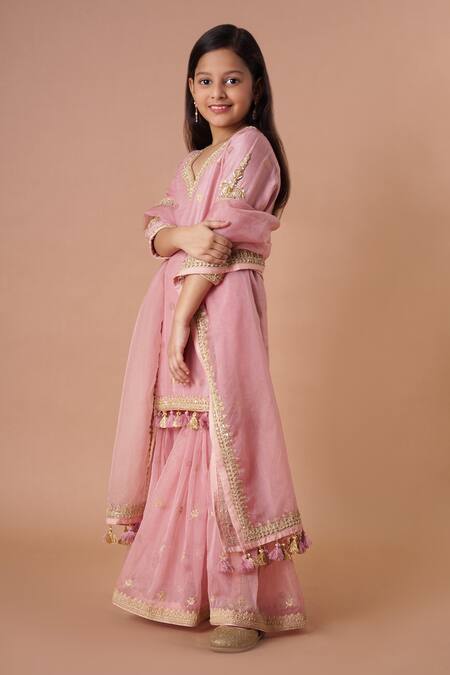 Buy_Rar Studio - Kids_Pink Chanderi, Cotton, Organza Tassels, Embroidery Kurta Sharara Set_Online_at_Aza_Fashions