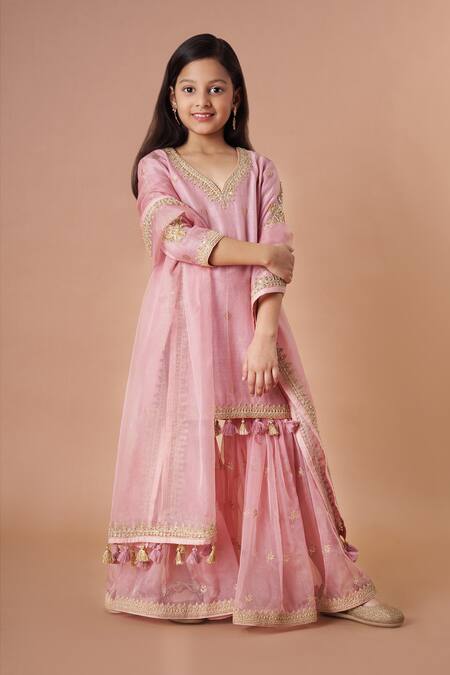 Shop_Rar Studio - Kids_Pink Chanderi, Cotton, Organza Tassels, Embroidery Kurta Sharara Set_Online_at_Aza_Fashions