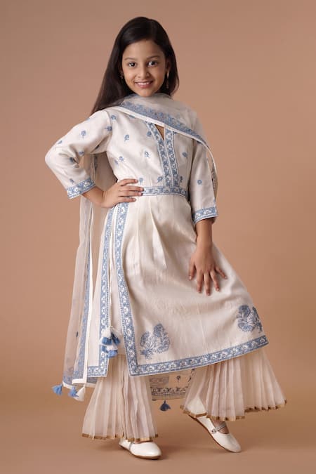 Rar studio - Kids Ivory Chanderi Handloom( 50% Silk Embroidery Thread Kurta Sharara Set  