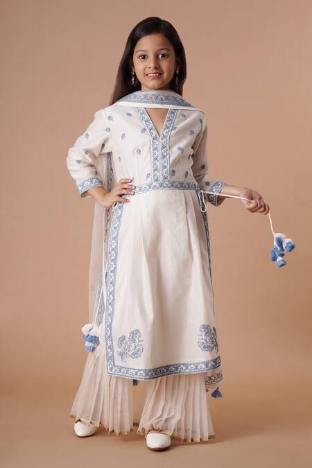 Buy_Rar Studio - Kids_Ivory Chanderi, Cotton Tassels, Embroidery Kurta Sharara Set_Online_at_Aza_Fashions