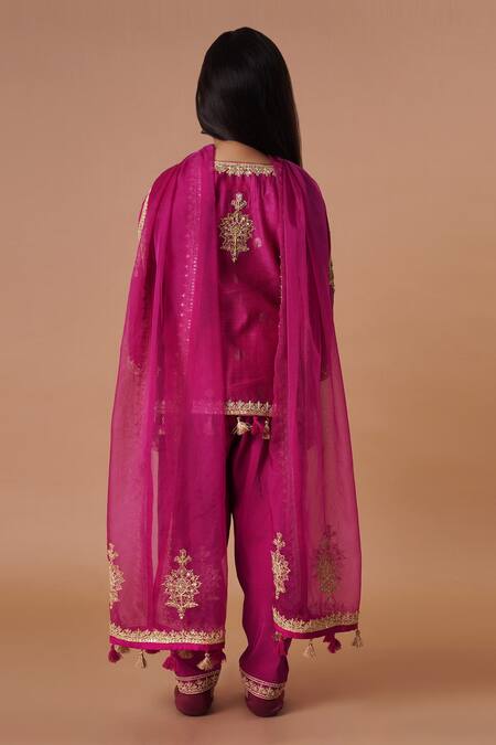 Shop Rar Studio - Kids Magenta Chanderi, Cotton Embroidery, Tassels Kurta Salwar Set at Aza Fashions Shop_Rar Studio - Kids_Magenta Chanderi, Cotton Embroidery, Tassels Kurta Salwar Set_at_Aza_Fashions