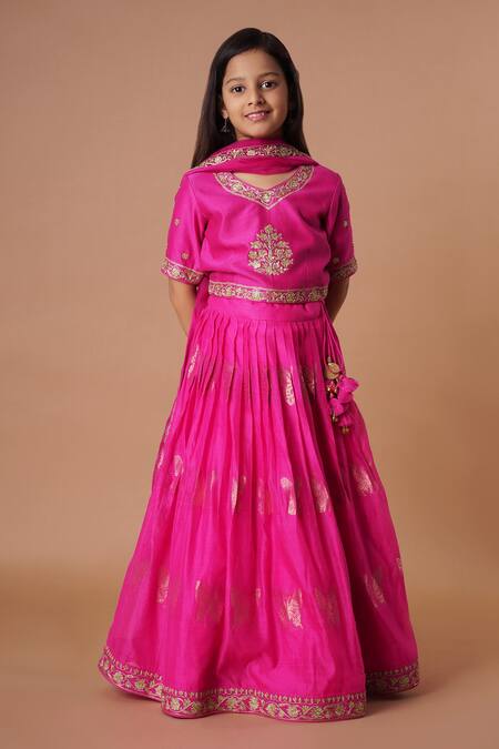 Rar Studio - Kids_Fuchsia Chanderi Embroidery Woven Pleated Lehenga Set_Online_at_Aza_Fashions