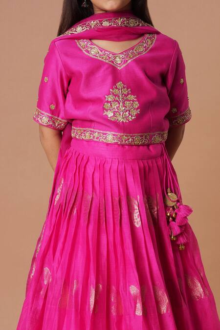 Buy_Rar Studio - Kids_Fuchsia Chanderi Embroidery Woven Pleated Lehenga Set_Online_at_Aza_Fashions