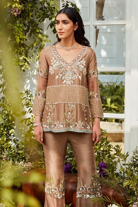 Shop Rococo Brown Silk Bead , Sequins, Stone Embroidered Short Kurta And Sharara Set at Aza Fashions Shop_Rococo_Brown Silk Bead , Sequins, Stone Embroidered Short Kurta And Sharara Set _at_Aza_Fashions