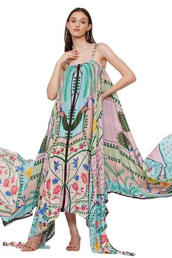 Buy_Limerick By Abirr N' Nanki_Blue Crepe Peacock And Floral Print Square Neck Kionaa Maxi Dress_Online_at_Aza_Fashions