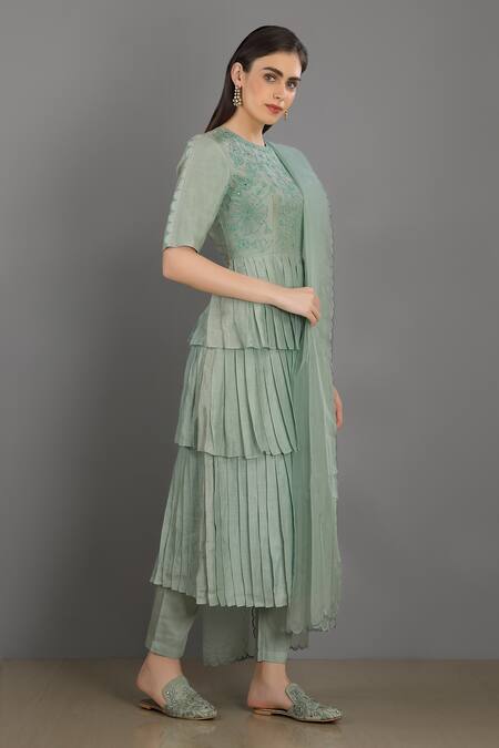 Asaga_Green Anarkali Chanderi Silk, Cotton Pant Mul Cotton Dupatta Organza Set _Online_at_Aza_Fashions