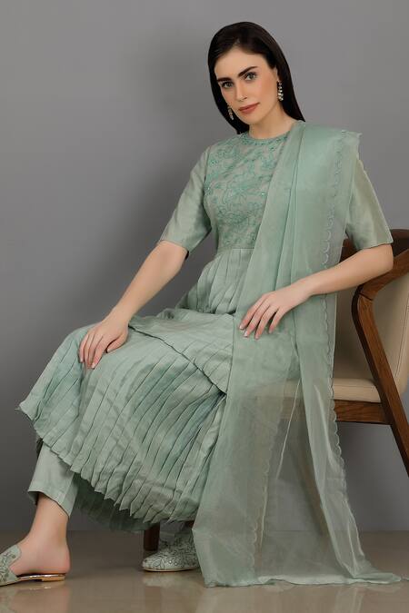 Buy_Asaga_Green Anarkali Chanderi Silk, Cotton Pant Mul Cotton Dupatta Organza Set _Online_at_Aza_Fashions