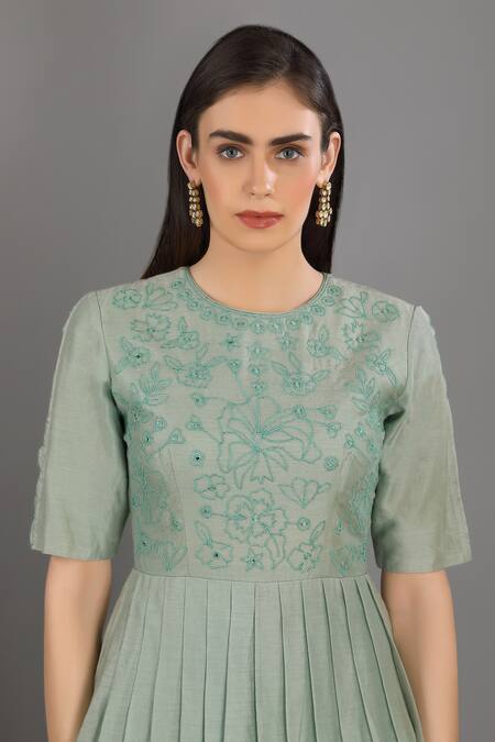 Asaga_Green Anarkali Chanderi Silk, Cotton Pant Mul Cotton Dupatta Organza Set _at_Aza_Fashions