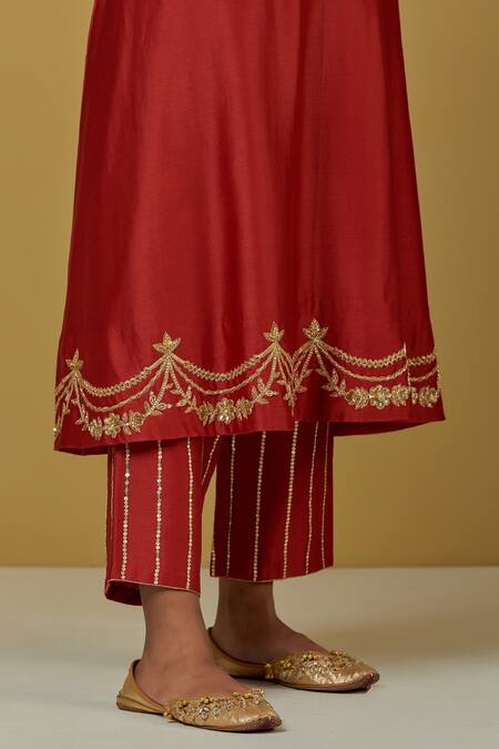 Shop Ikshita Choudhary Red Chanderi Silk, Tissue Organza Floral V Neck Kurta Pant Set Online at Aza Fashions Shop_Ikshita Choudhary_Red Chanderi Silk, Tissue Organza Floral V Neck Kurta Pant Set_Online_at_Aza_Fashions