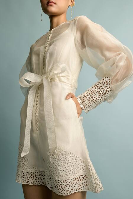 Buy_Karishma Khanduja Bareilly_White Organza Round Playsuit _Online_at_Aza_Fashions