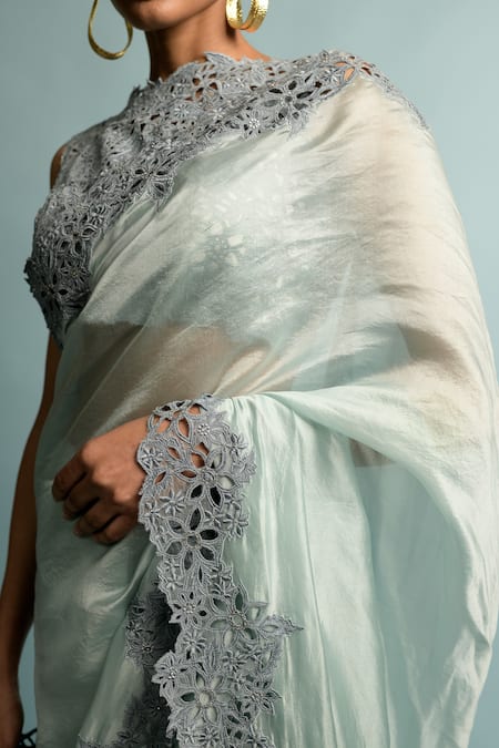 Shop_Karishma Khanduja Bareilly_Blue Organza Straight Saree With Blouse _Online_at_Aza_Fashions