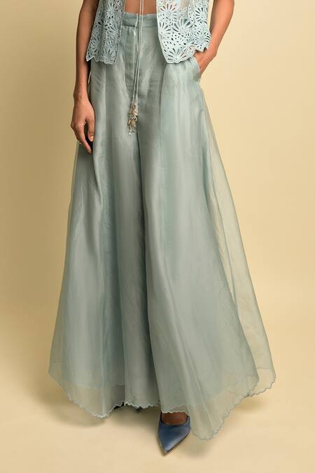 Buy Karishma Khanduja Bareilly Blue Organza, Crepe Tie-up Jacket And Palazzo Set Online at Aza Fashions Buy_Karishma Khanduja Bareilly_Blue Organza, Crepe Tie-up Jacket And Palazzo Set _Online_at_Aza_Fashions