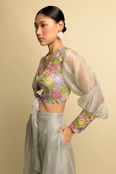 Karishma Khanduja Bareilly_Grey Organza, Shantoon V Neck Crop Top And Palazzo Set_Online_at_Aza_Fashions