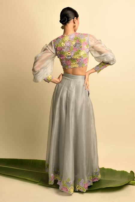 Shop_Karishma Khanduja Bareilly_Grey Organza, Shantoon V Neck Crop Top And Palazzo Set_at_Aza_Fashions