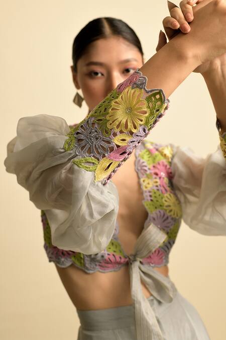 Buy_Karishma Khanduja Bareilly_Grey Organza, Shantoon V Neck Crop Top And Palazzo Set_Online_at_Aza_Fashions