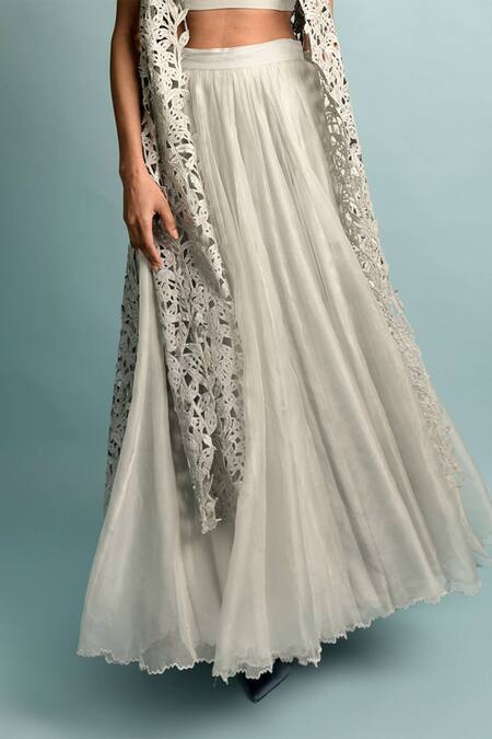 Karishma Khanduja Bareilly_Grey Organza, Crepe Open Embroidered Jacket Lehenga Set _Online_at_Aza_Fashions