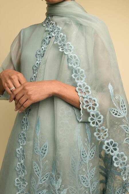 Buy_Karishma Khanduja Bareilly_Blue Organza Round Kurta Set _Online_at_Aza_Fashions