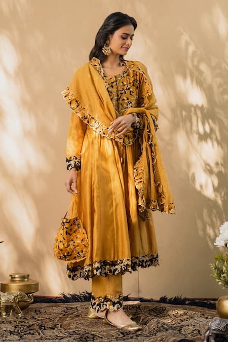 Buy Naaz By Noor Yellow Cotton, Chanderi And Organza Round Anarkali Set Online at Aza Fashions Buy_Naaz By Noor_Yellow Cotton, Chanderi And Organza Round Anarkali Set _Online_at_Aza_Fashions